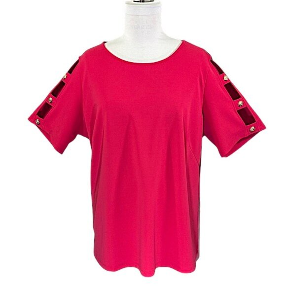 Dennis By Dennis Basso Luxe Crepe Top Size 2X Lattice Sleeve W/Button Trim - Picture 2 of 9